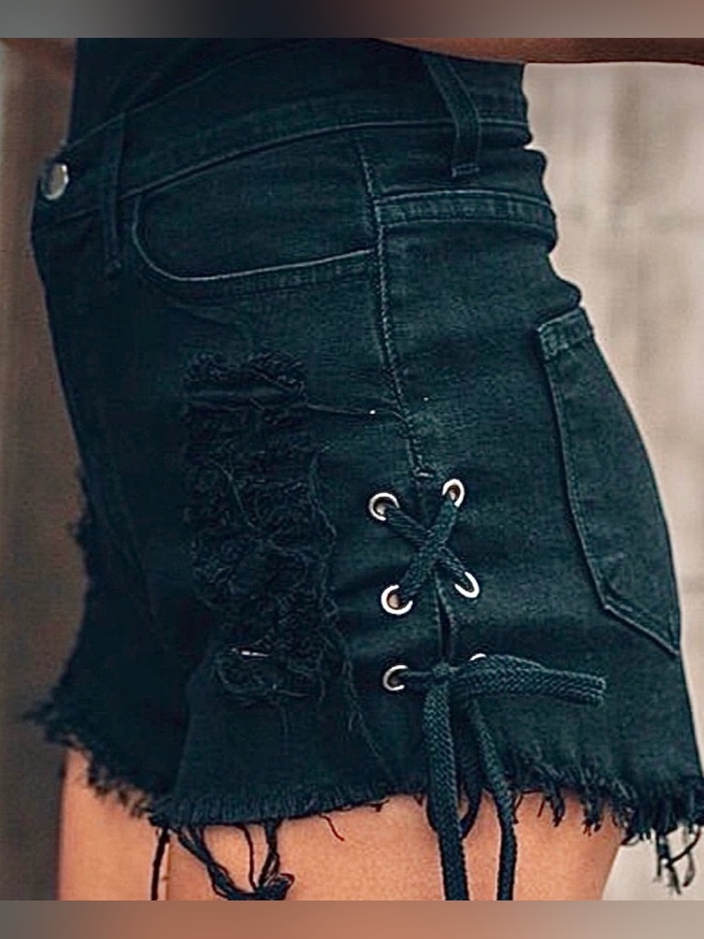 . Dare Devil Black Side Lace-Up High Waist Distressed Raw Cutoff Denim Shorts